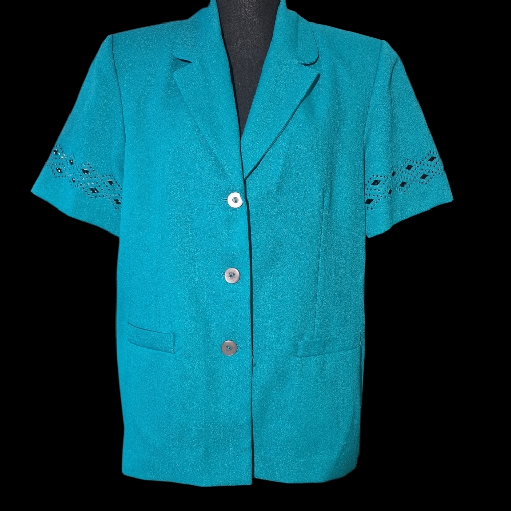 Vintage Alfred Dunner Teal  Short-Sleeve Blazer- Eyelet Cutouts  On Sleeve Sz 12